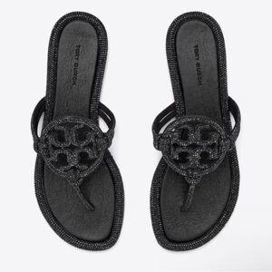 Tory Burch Black Beaded Logo Thong Sandals
